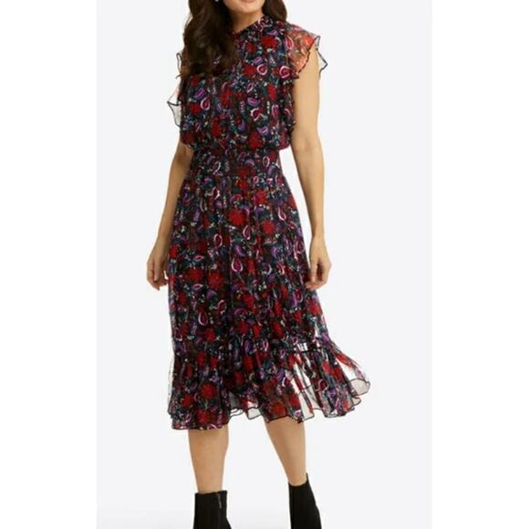 Draper James Kacey Dress Smocked Waist Faux Wrap Ruffle Flutter Floral Midi - Picture 4 of 13